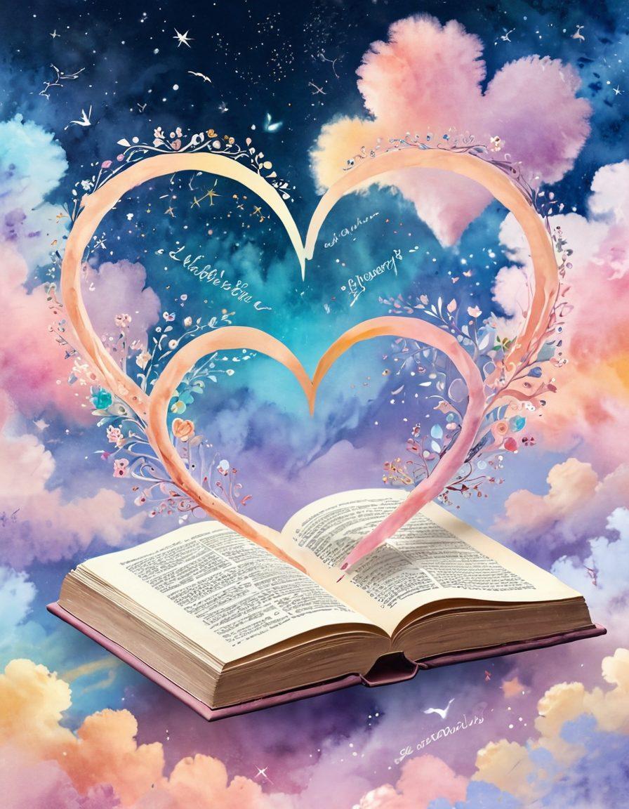 An artistic representation of two hearts interlocking, surrounded by swirling word clouds of affectionate and romantic terms in various languages. Soft pastel colors create a warm, inviting atmosphere, with delicate floral elements intertwined. In the foreground, a glowing book lies open, symbolizing the exploration of love languages. The background features a dreamy sky with hints of stars, adding a magical touch. watercolor style. vibrant colors. dreamy ambiance.