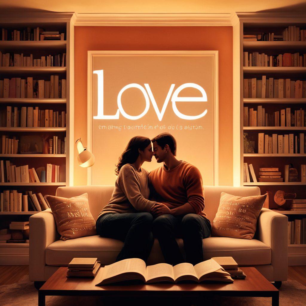 A couple sitting on a cozy couch, engaging in a deep conversation, surrounded by floating words like 'love', 'trust', 'commitment', and 'passion' in elegant typography. Soft, ambient lighting adds warmth to the setting, while a bookshelf filled with relationship books serves as a backdrop. Ethereal hearts and romantic symbols gently weave through the scene, illustrating the vocabulary of romance. cozy, warm colors. super-realistic.