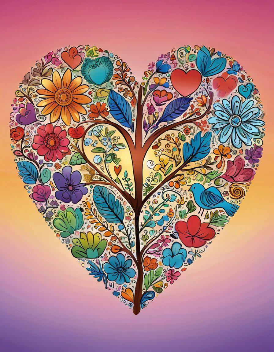 A beautifully illustrated heart made up of diverse symbols representing different love languages, such as words of affirmation, acts of service, and quality time. Surrounding it are colorful, whimsical doodles of couples sharing moments, such as laughing, hugging, and communicating. The background features a soft gradient sunset showcasing warm tones to evoke feelings of love and intimacy. Infuse a touch of elegance with floral elements intertwining the heart. vector art. vibrant colors.